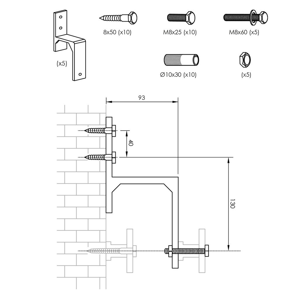 INTERSTEEL WANDSTEUNEN SET VOOR DUBBELE SCHUIFDEUREN - 5 STUKS